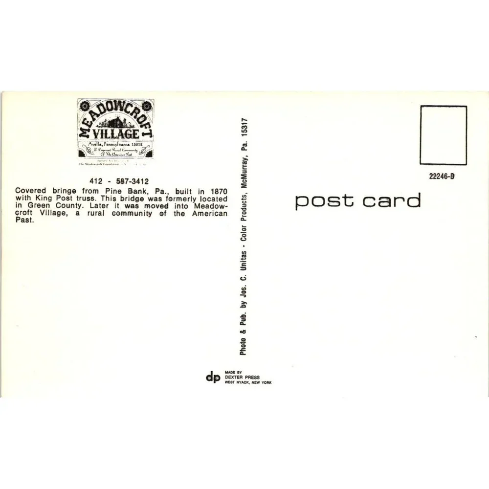 Pine Bank Covered Bridge Postcard Travel Souvenir Unposted Green County
